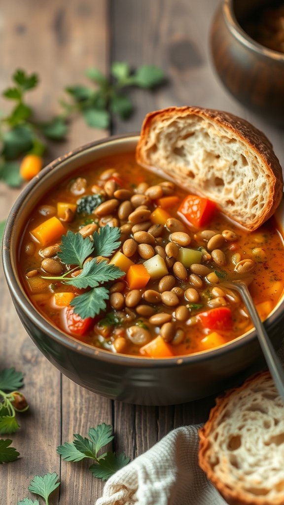 A delicious bowl of chunky vegetable lentil soup with bread on the side, showcasing vibrant colors and ingredients.
