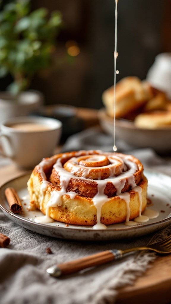A slice of cinnamon roll cake topped with icing, surrounded by tea cups and a cozy setting.