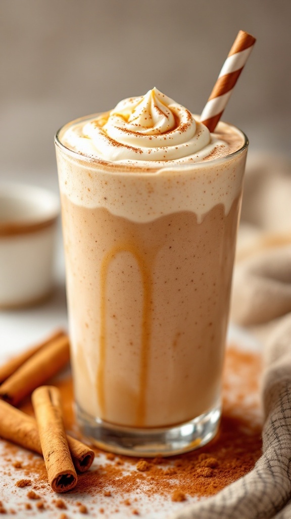 A creamy cinnamon roll smoothie topped with whipped cream and a straw, accompanied by cinnamon sticks.