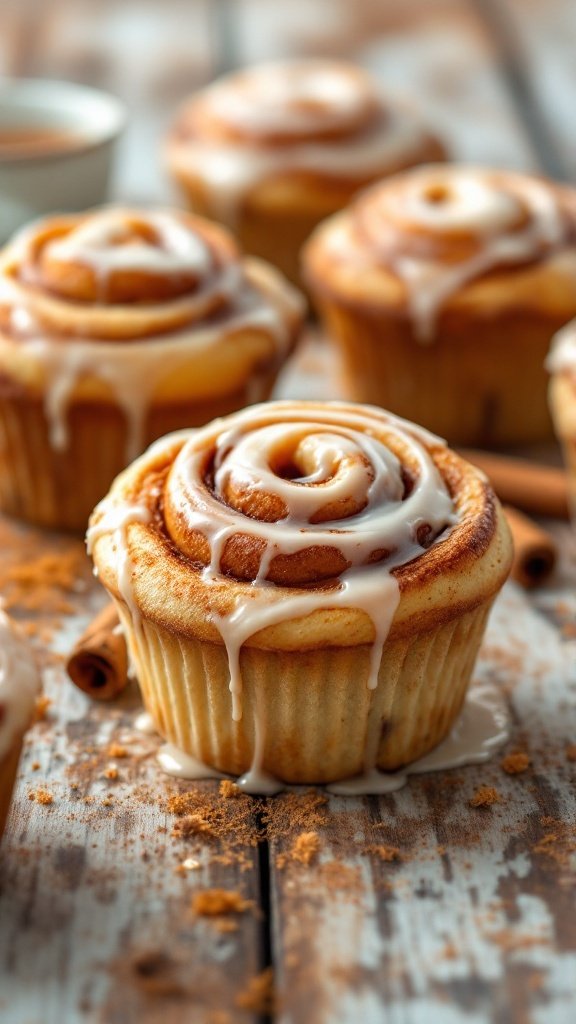 Delicious vegan cinnamon roll muffins with icing on a rustic wooden table