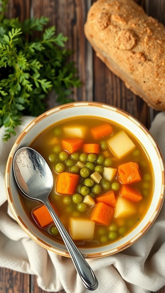 Bowl of classic split pea soup with diced vegetables and a spoon, next to a loaf of bread and a sprig of parsley.