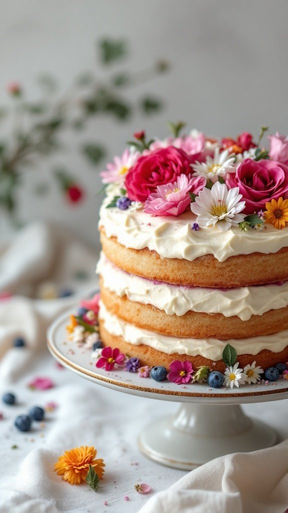 A three-layer classic vanilla bean cake adorned with colorful edible flowers