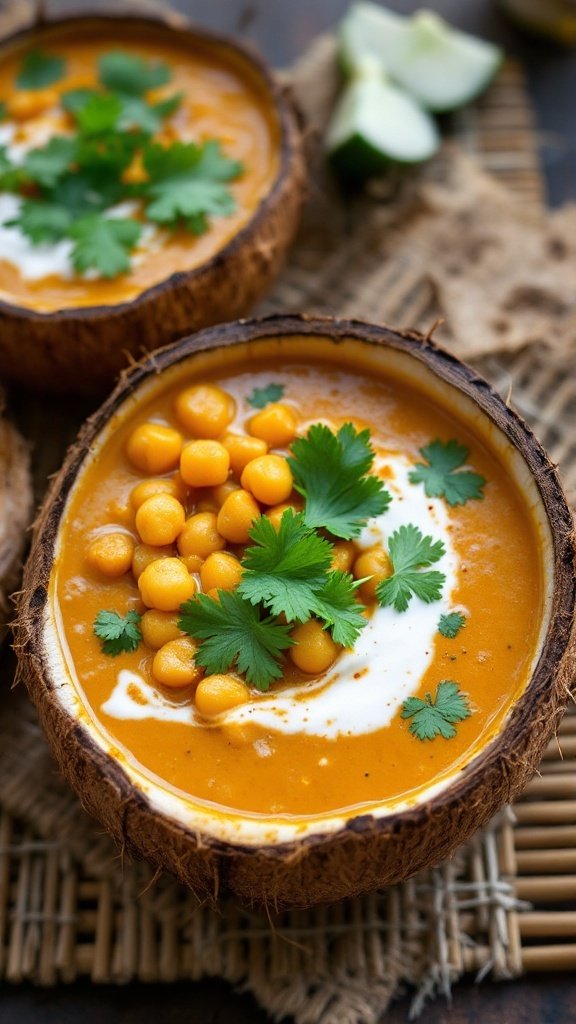 A bowl of Coconut Curry Chickpea Soup garnished with cilantro, sitting on a bamboo mat with fresh herbs around it.