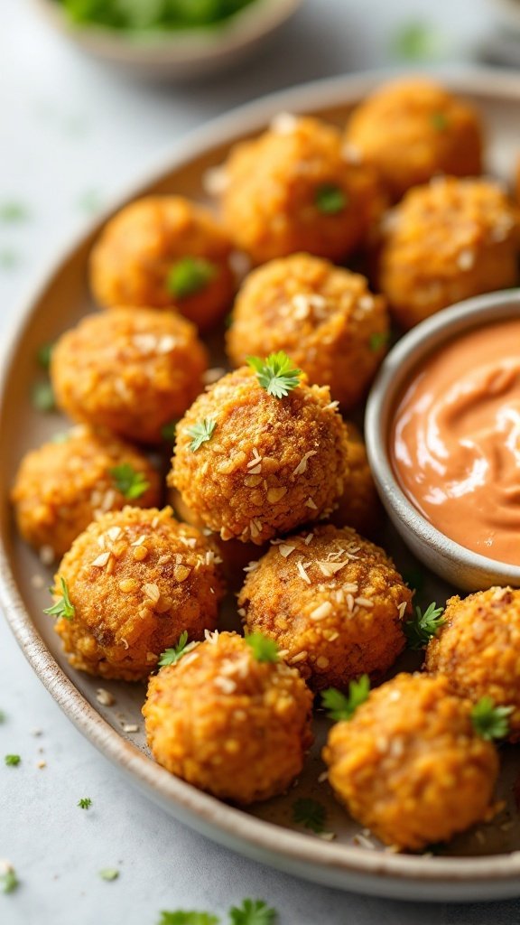 A plate of golden-brown Coconut Curry Lentil Bites served with a spicy dipping sauce