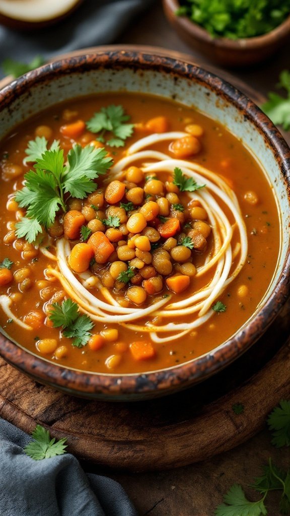 A bowl of coconut curry lentil soup garnished with cilantro, surrounded by colorful sides.