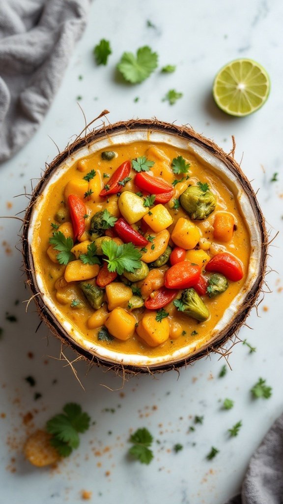 A vibrant coconut curry filled with mixed vegetables, served in a coconut shell