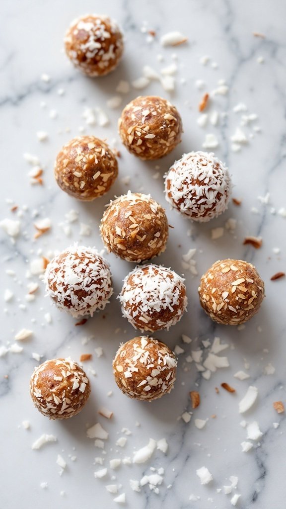 A collection of coconut date energy balls on a marble surface, sprinkled with coconut flakes.
