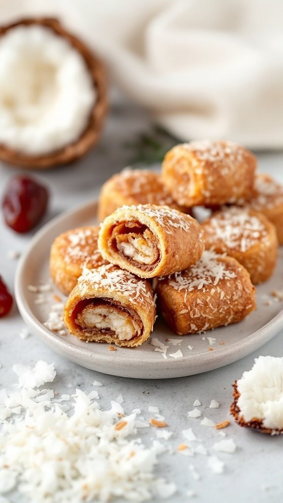 A plate of coconut date rolls sprinkled with shredded coconut.