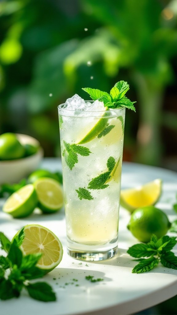 A refreshing Coconut Lime Sparkler drink garnished with mint and lime.