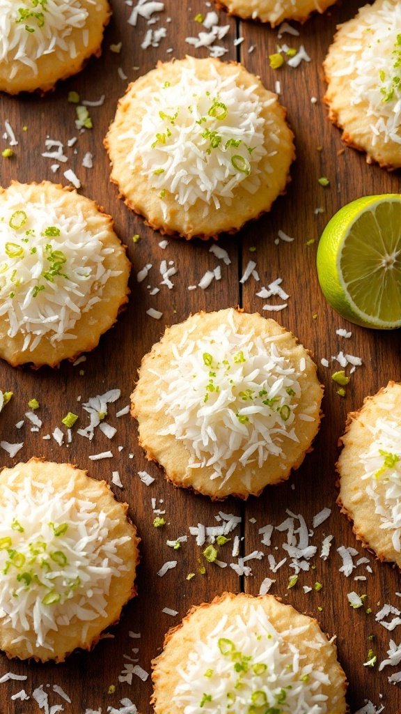 Platter of Coconut Lime Sugar Cookies topped with coconut flakes and lime zest
