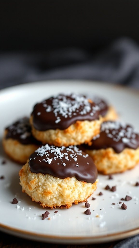 A plate of coconut macaroons dipped in dark chocolate, sprinkled with sea salt.