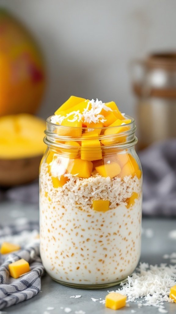 A jar of coconut mango overnight oats topped with mango chunks and shredded coconut.