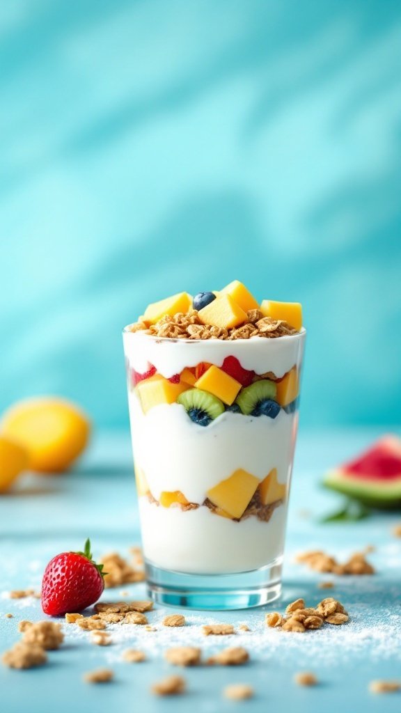 Coconut yogurt parfait with granola and fresh fruits layered in a clear glass.