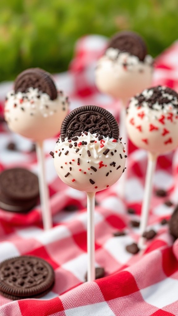 Delicious vegan cake pops decorated with Oreo cookies and colorful sprinkles on a picnic blanket.