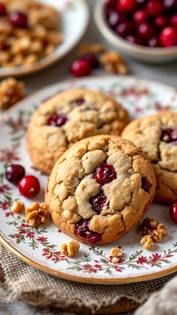A plate of cranberry walnut cookies surrounded by cranberries and walnuts.