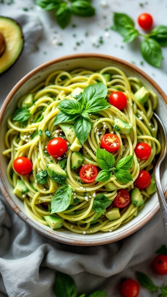 A bowl of creamy avocado basil pasta garnished with cherry tomatoes and fresh basil.