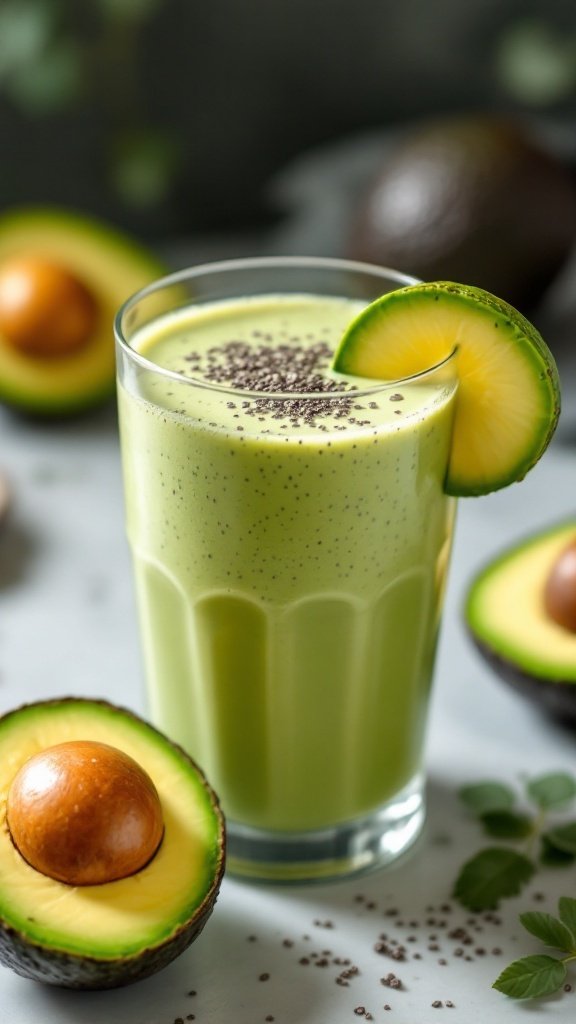 A creamy avocado smoothie in a glass garnished with a lime slice, surrounded by avocado halves and chia seeds.