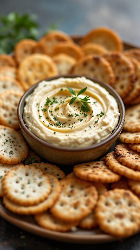 A creamy cashew cheese spread in a bowl surrounded by crackers.