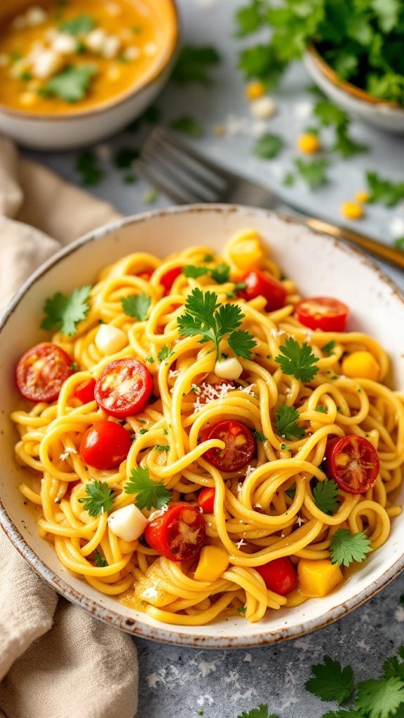A bowl of creamy coconut curry pasta topped with cherry tomatoes and cilantro.