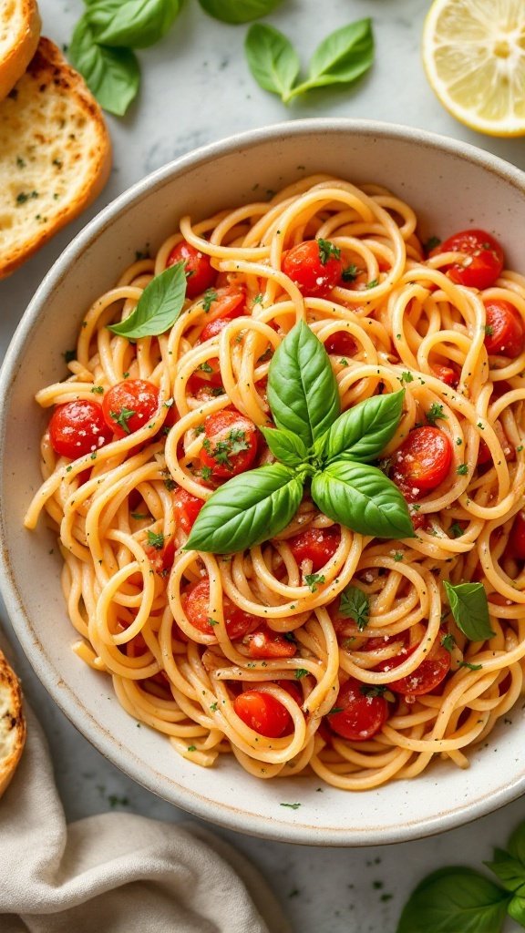 A cozy setup featuring creamy tomato basil pasta in a bowl, garnished with fresh basil, alongside slices of crusty bread on colorful plates.