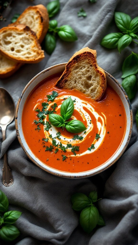 A bowl of creamy tomato basil soup topped with fresh basil and a crispy bread slice