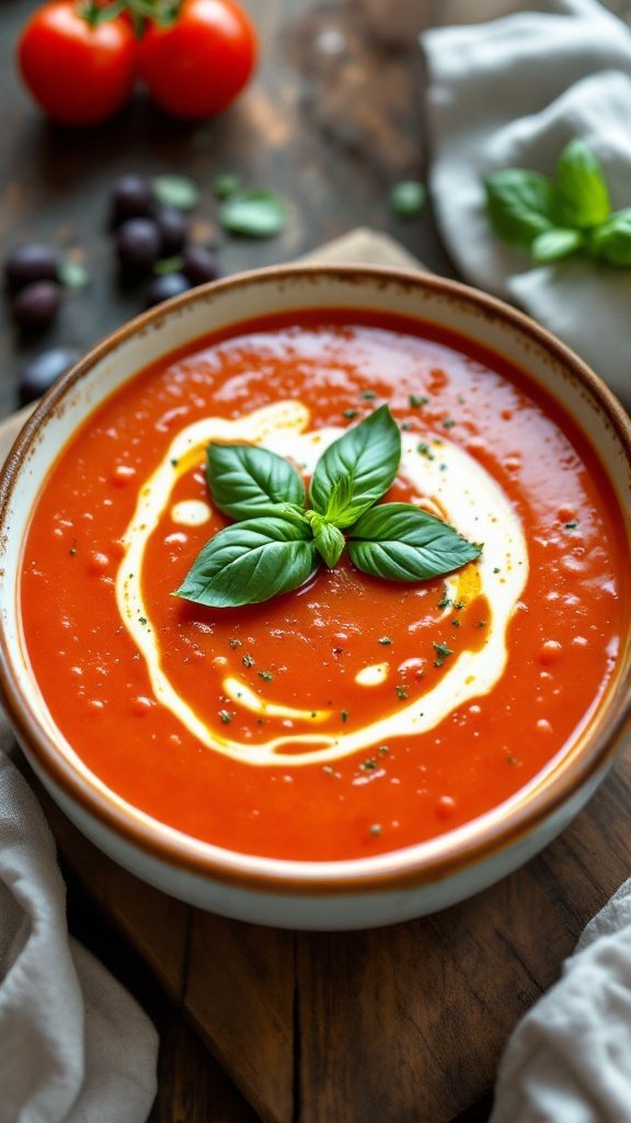 A bowl of creamy tomato basil soup garnished with fresh basil leaves on a wooden table.