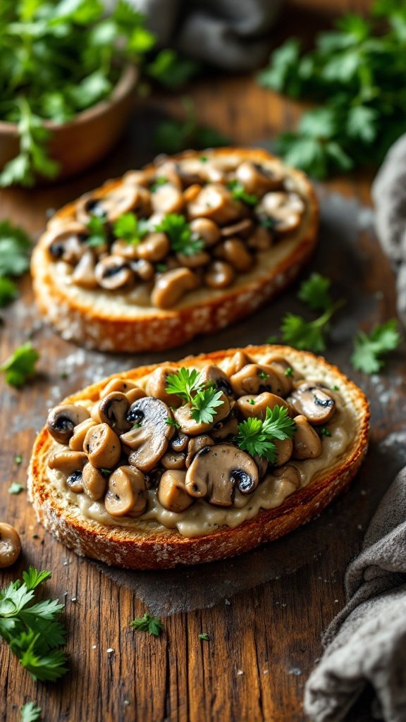 Creamy vegan mushroom toast topped with fresh herbs on a wooden table