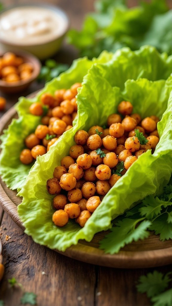 Crispy chickpea salad in a lettuce wrap on a wooden board, garnished with herbs