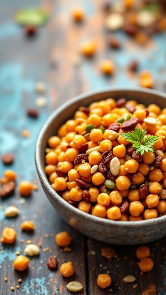 A bowl of crispy chickpea snack mix filled with golden chickpeas, nuts, and dried fruits on a rustic table.