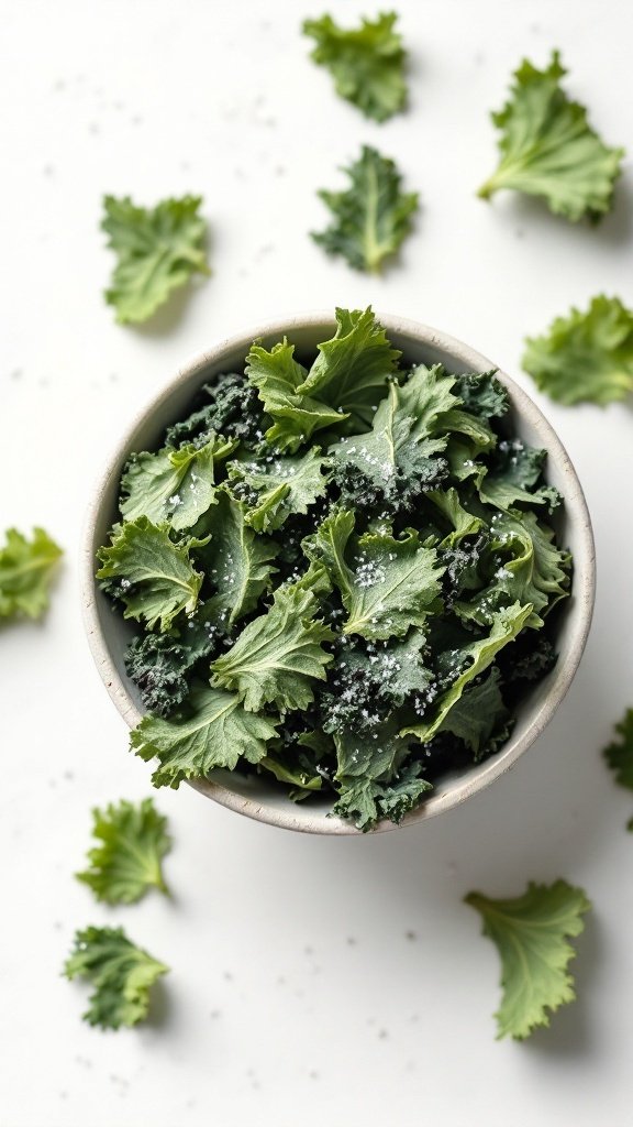 A bowl of crispy kale chips with a few leaves scattered around.