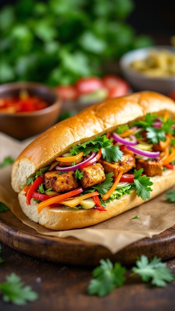 A crispy tofu Banh Mi sandwich with vibrant veggies and herbs, presented on a wooden platter.