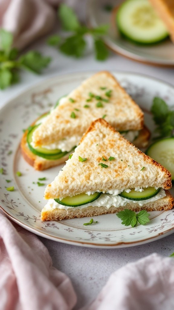 Two cucumber and cream cheese sandwiches on a plate, garnished with fresh herbs