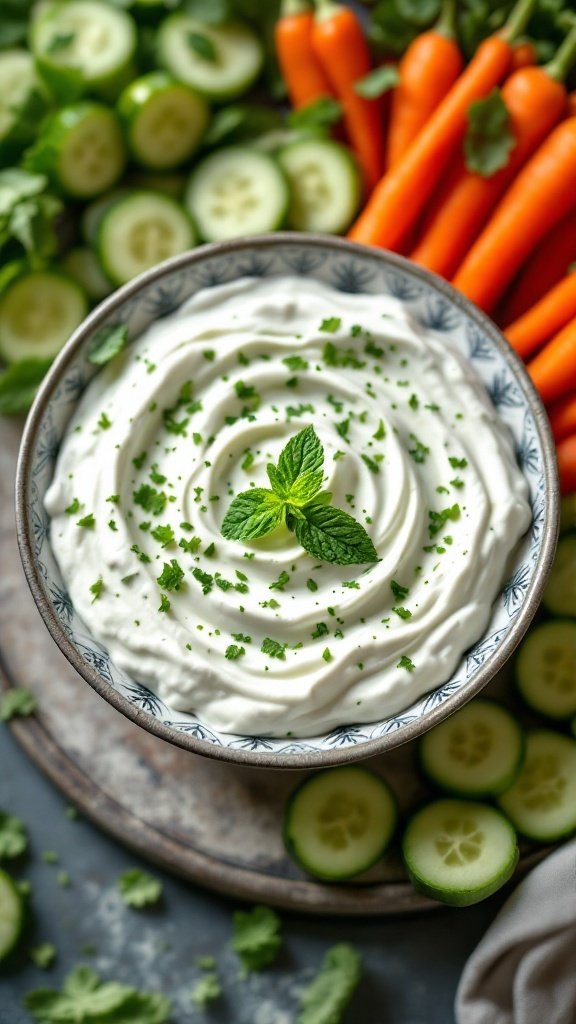 A bowl of creamy cucumber and mint yogurt dip, surrounded by sliced cucumbers and fresh carrots.