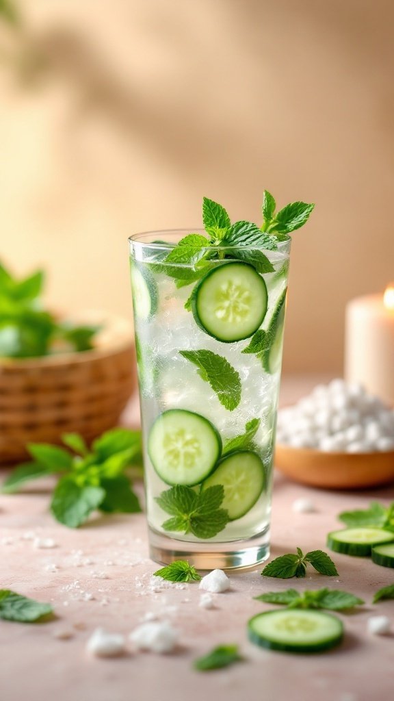 A refreshing cucumber mint drink with slices of cucumber and fresh mint leaves, ideal for a spa day vibe.