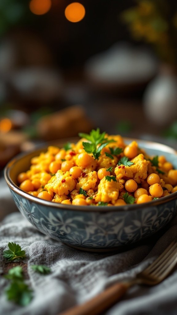 A vibrant bowl of roasted curried cauliflower and chickpeas, garnished with parsley, set against a rustic backdrop.