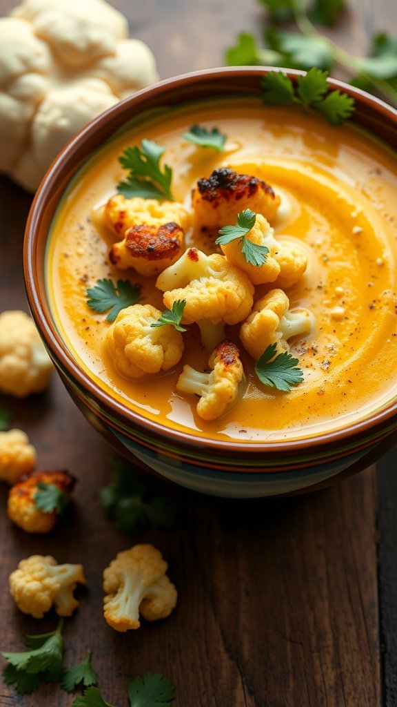 A bowl of creamy curried cauliflower soup topped with roasted cauliflower and fresh cilantro, placed on a wooden table.