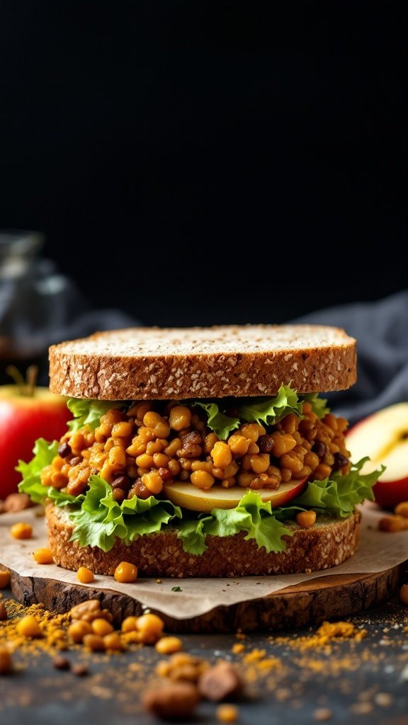 A curried lentil and apple sandwich on a wooden board, surrounded by fresh ingredients.