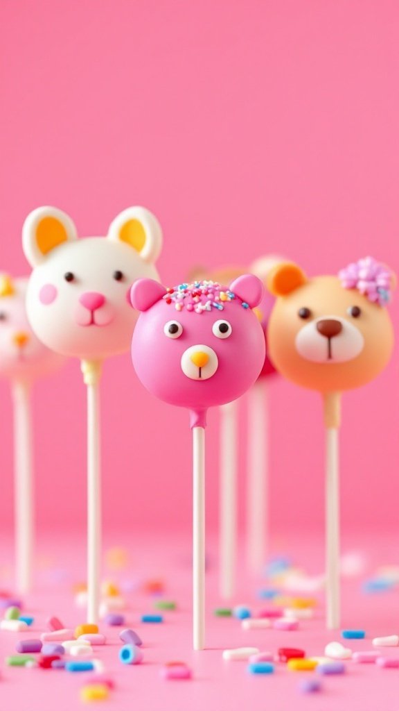 Cute vegan cake pops shaped like animal faces, featuring a pink bear, a bunny, and other adorable designs with colorful sprinkles on a pink background.
