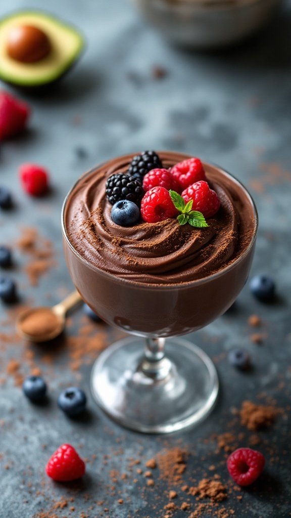 A rich dark chocolate avocado mousse topped with fresh berries and mint in a clear glass dish.