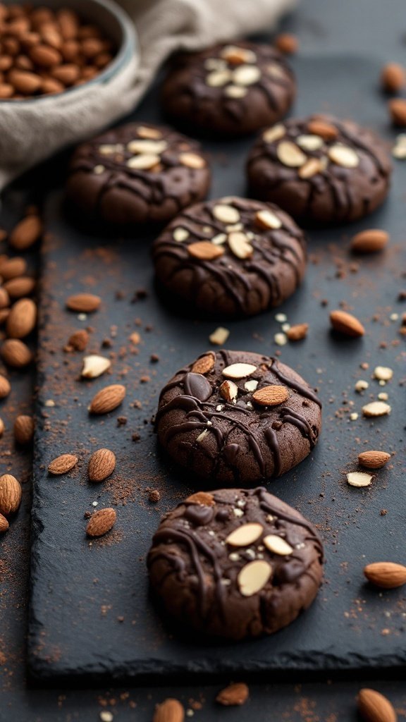 Delicious double chocolate almond cookies on a slate surface, with almonds scattered around.