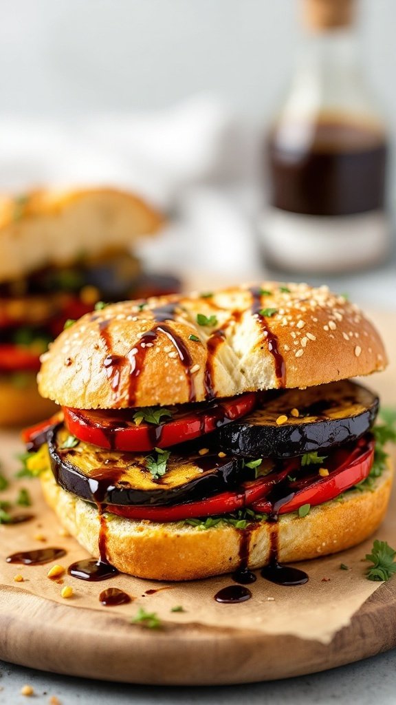 A delicious vegan sandwich featuring grilled eggplant, roasted peppers, and balsamic glaze on a sesame seed bun.