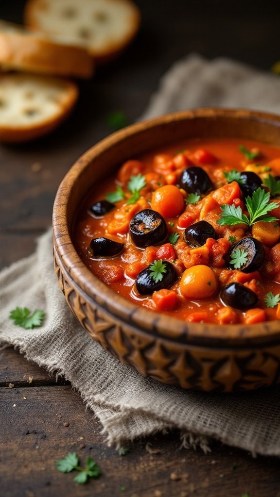 A bowl of eggplant and tomato curry with vibrant colors, topped with fresh herbs, next to slices of bread.