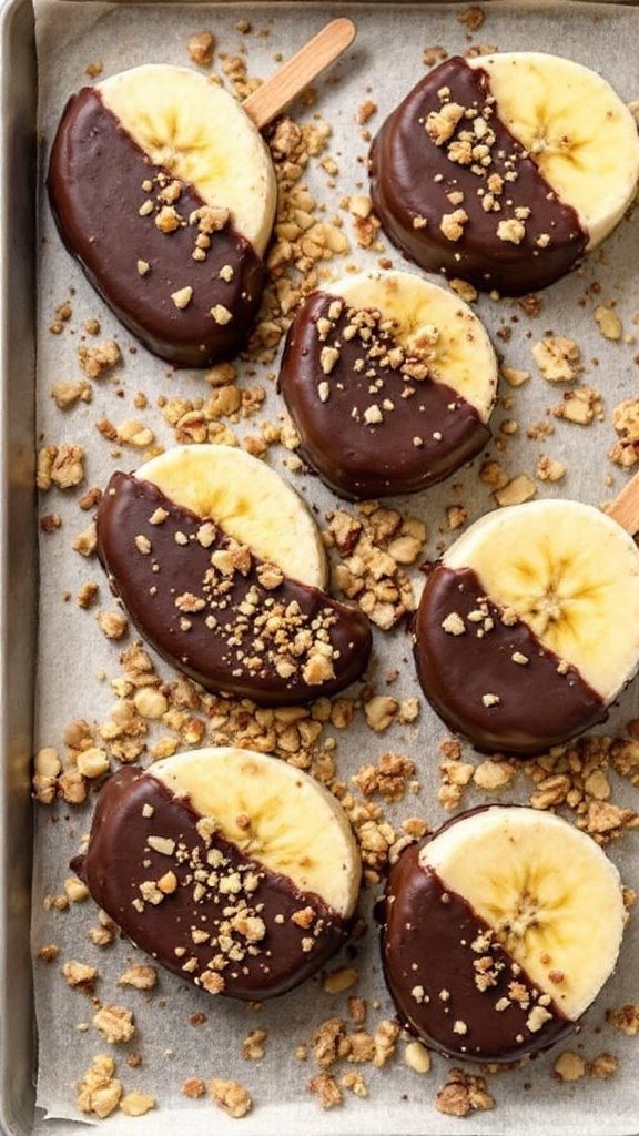 Frozen banana bites dipped in chocolate and topped with nuts.