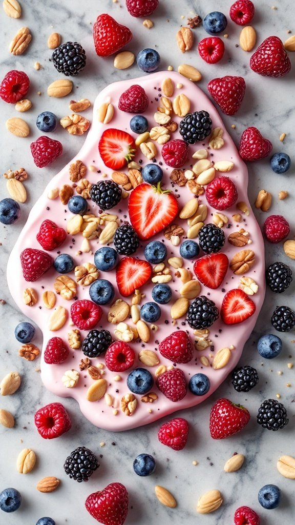 A delicious frozen yogurt bark topped with mixed berries and nuts on a marble surface.