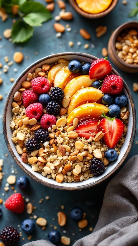 A bowl of quinoa topped with colorful fruits and nuts, showcasing a vibrant and healthy breakfast.