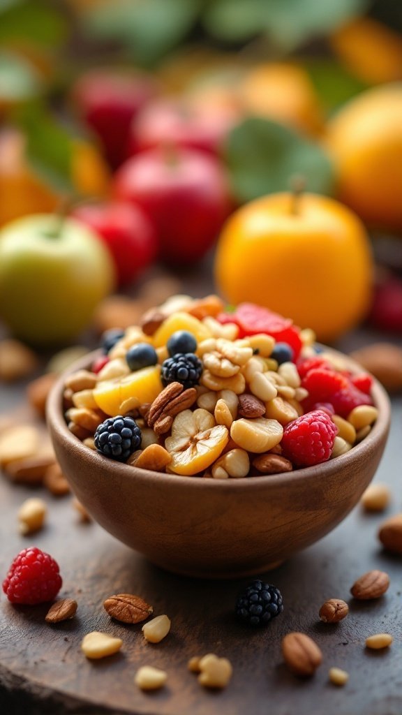A colorful bowl filled with a mix of nuts and fresh fruits, surrounded by more fruits in the background.