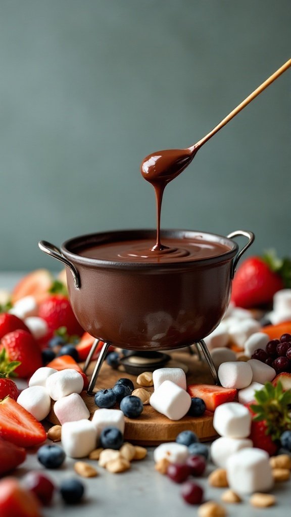 A pot of gooey chocolate fondue surrounded by strawberries, blueberries, and marshmallows.