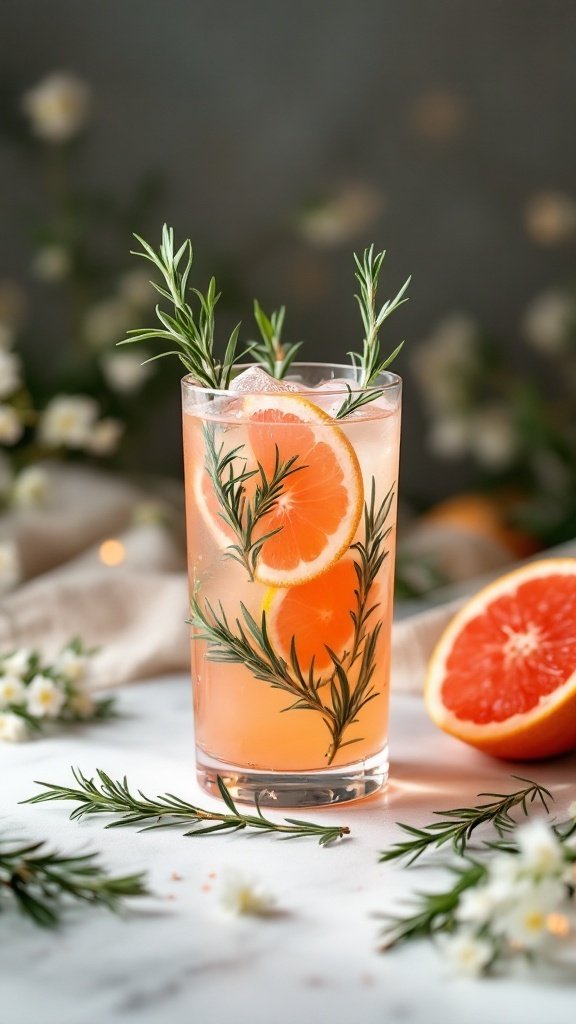 A refreshing Grapefruit Rosemary Spritz garnished with grapefruit slices and rosemary, surrounded by soft florals.