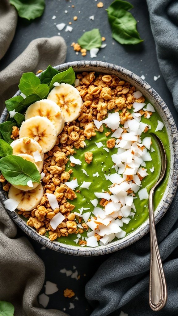 A vibrant green smoothie bowl topped with sliced bananas, granola, and coconut flakes.