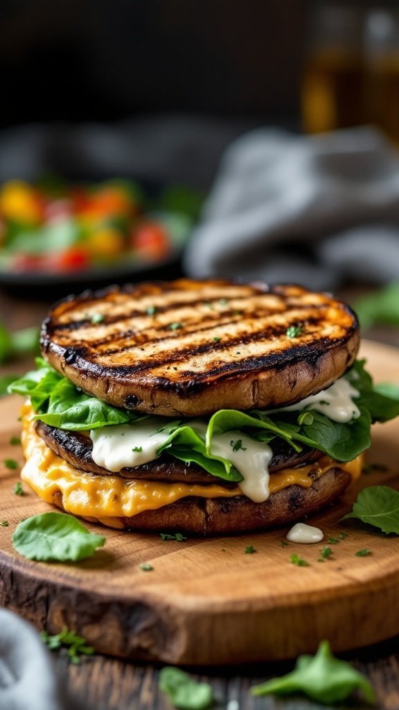 A delicious grilled Portobello mushroom sandwich on a wooden board, featuring spinach, vegan mayo, and a cheesy layer.